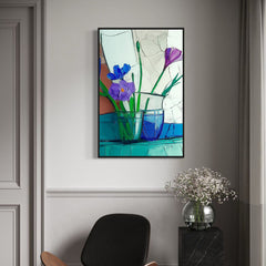 Quiet Arrangement – Blue and Purple Floral Still Life Minimalist Glass Vase Oil Painting
