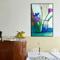 Quiet Arrangement – Blue and Purple Floral Still Life Minimalist Glass Vase Oil Painting