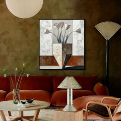 Sculpted Bloom – Geometric Minimalist Floral Painting Neutral Beige Brown Wall Art