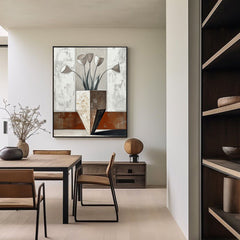 Sculpted Bloom – Geometric Minimalist Floral Painting Neutral Beige Brown Wall Art