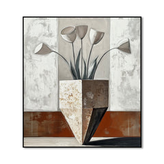 Sculpted Bloom – Geometric Minimalist Floral Painting Neutral Beige Brown Wall Art