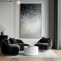 Silent Bloom-Textured Black White Abstract Oil Painting – Sparkling Dots Modern Home Art