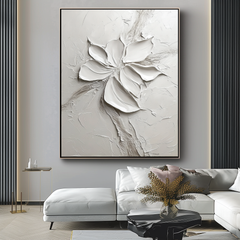 Silent Bloom-Plaster Art Texture Painting Minimalist White Abstract – Textured Floral Wall Art