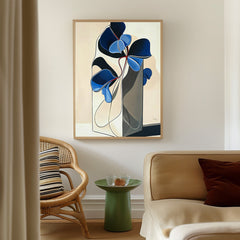 Silent Contour – Modern Abstract Blue Floral Art Sculptural Line Vase Painting
