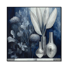 Silver Silence – Modern Blue Silver Still Life Painting Square Glass Vase Wall Art