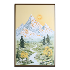 Springlight Summit – Mountain Stream Landscape Painting Serene Yellow Sky Nature Wall Art