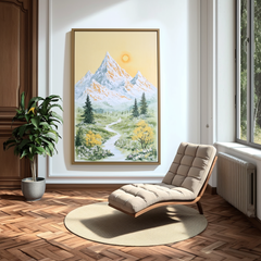 Springlight Summit – Mountain Stream Landscape Painting Serene Yellow Sky Nature Wall Art