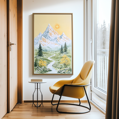 Springlight Summit – Mountain Stream Landscape Painting Serene Yellow Sky Nature Wall Art