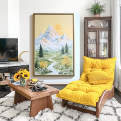 Springlight Summit – Mountain Stream Landscape Painting Serene Yellow Sky Nature Wall Art