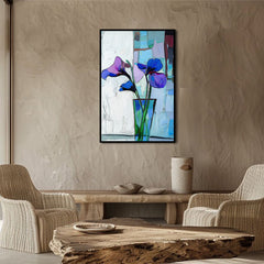 Trio in Bloom – Abstract Iris Flower Painting in Vase Modern Vertical Floral Canvas Art