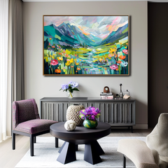 Valley Bloom – Abstract Mountain Landscape Painting, Colorful Textured Wall Art