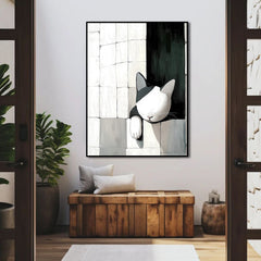 Wallflower Nap – Minimalist Cat Wall Art Black and White Cat in Abstract Tiled Space