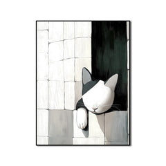 Wallflower Nap – Minimalist Cat Wall Art Black and White Cat in Abstract Tiled Space