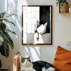 Wallflower Nap – Minimalist Cat Wall Art Black and White Cat in Abstract Tiled Space