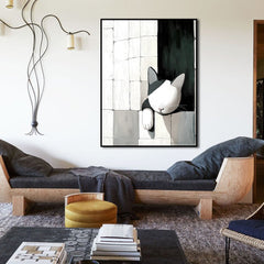 Wallflower Nap – Minimalist Cat Wall Art Black and White Cat in Abstract Tiled Space