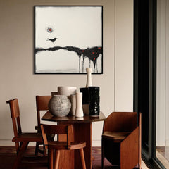 Where Silence Walks – Minimalist Abstract Bird Painting Modern Black and White Wall Art