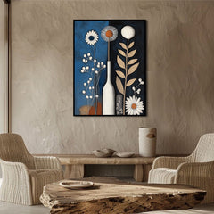 Whisper of the Night – Minimal Floral Oil Painting Blue and Black Vase Wall Art