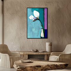 Whispering Light – Abstract White Flower Painting Modern Floral Vase Wall Art Vertical