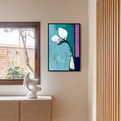 Whispering Light – Abstract White Flower Painting Modern Floral Vase Wall Art Vertical