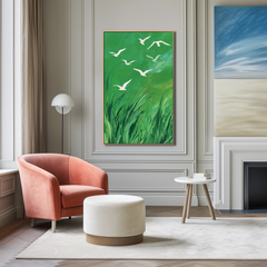 Whispers of the Wind – Green Abstract Canvas with Flying White Birds Nature Wall Art