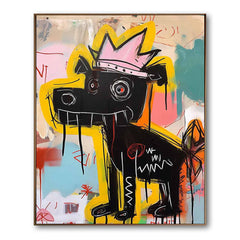 Crowned Canine – Vibrant Graffiti Art Black Dog with Crown Wall Decor, Street Art Painting