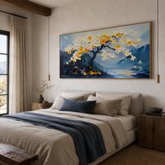 Ethereal Blossoms-Relief Texture Blooming Tree Oil Painting with Mountain Landscape