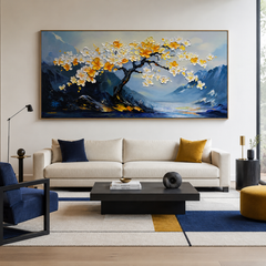 Ethereal Blossoms-Relief Texture Blooming Tree Oil Painting with Mountain Landscape