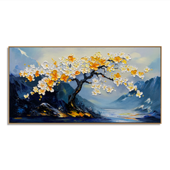 Ethereal Blossoms-Relief Texture Blooming Tree Oil Painting with Mountain Landscape