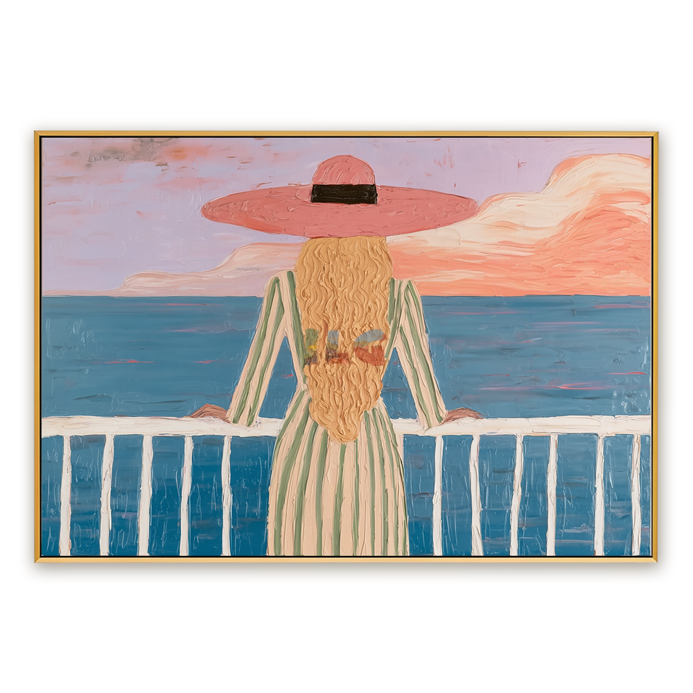 Pink Horizon Balcony – Coastal Figure Wall Art hand-painted wall art
