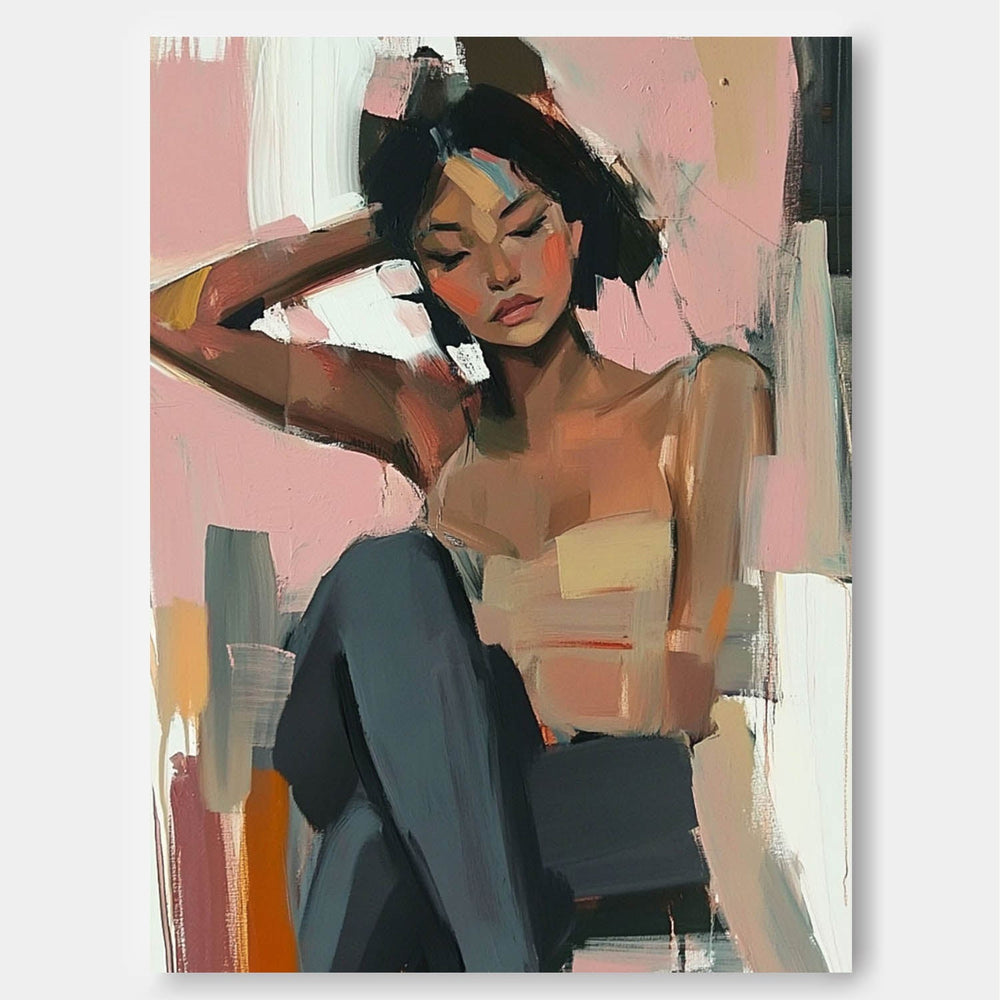 Large Lovely Girl Acrylic Painting Abstract Lady Artwork Original Woman Wall Art Framed For Living Room