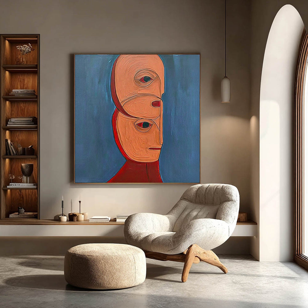 Square Large Abstract Portrait Wall Art Original Warm Color Textured People Painting Canvas Home Decor