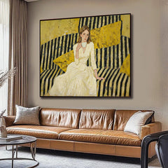 Modern Impasto Figurative Painting Minimalist Yellow & Black Striped Art Sophisticated Female Portrait For Home