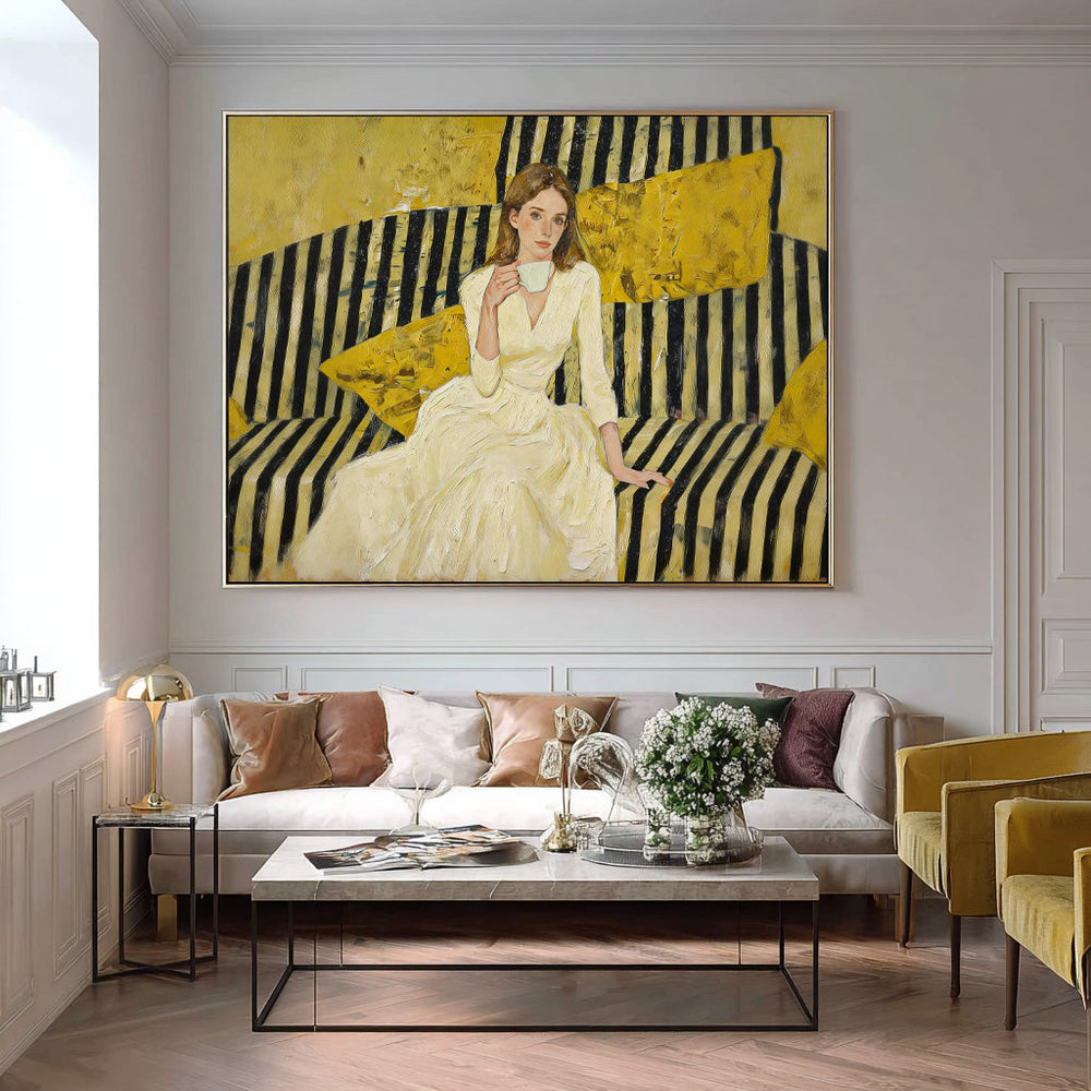 Modern Impasto Figurative Painting Minimalist Yellow & Black Striped Art Sophisticated Female Portrait For Home