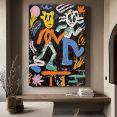 Whimsical Pop Art Colorful Doodle Impasto Oil Painting Vibrant Sun & Flower Abstract Playful Texture Artwork