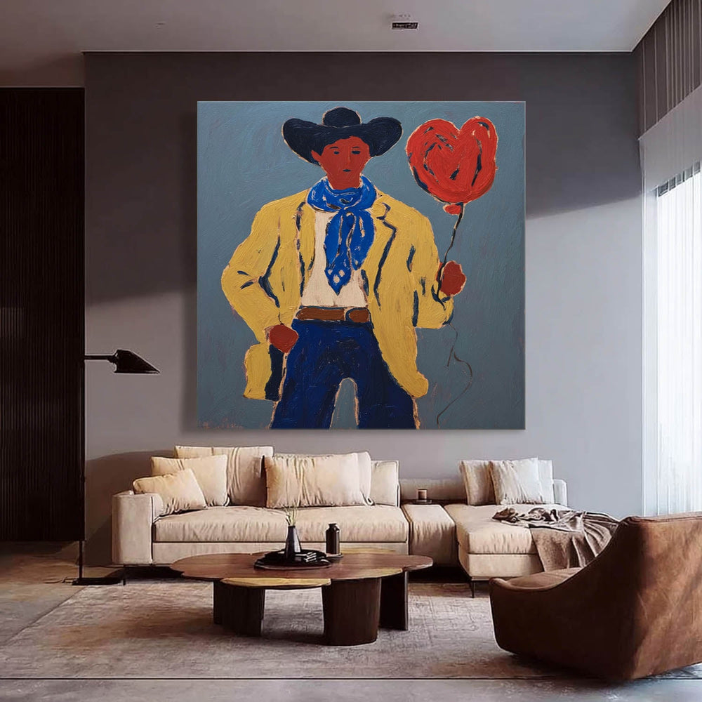 Original Cowboy With Red Heart Balloon Painting Canvas Western Style Wall Art For Home Decor Art Lovers Gift