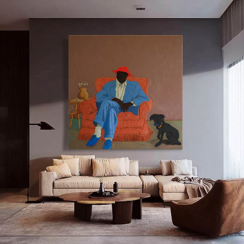Retro-Style Portrait Oil Painting Man In Red Hat & Blue Suit With Dog Original Warm-Toned Canvas Art Wall Decor