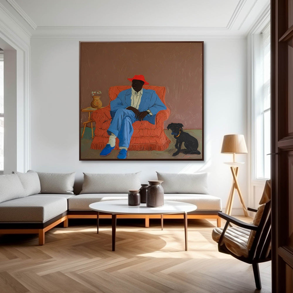 Retro-Style Portrait Oil Painting Man In Red Hat & Blue Suit With Dog Original Warm-Toned Canvas Art Wall Decor