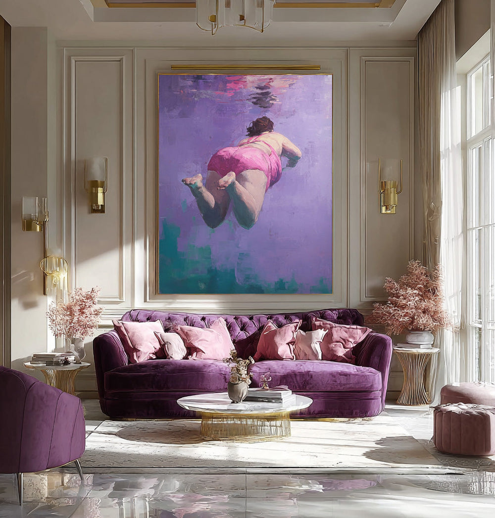 Purple Original Girl swimming Wall Art Diving In Ocean Sensual Woman Acrylic Painting Cute Lady Artwork