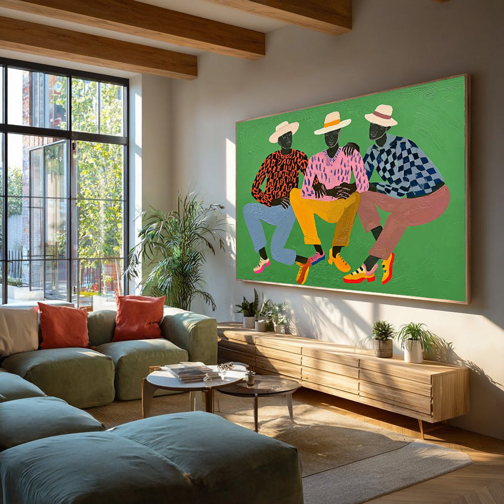 Large Brothers Portrait Wall Art  Figure Oil Painting Original Textured Three People Painting Canvas