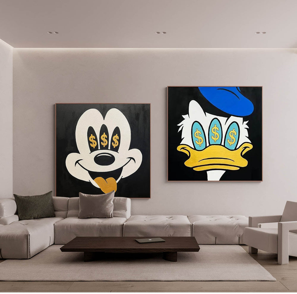 Set of 2 Large Abstract Modern Square Original Oil Paintings On Canvas Graffiti Disney Characters Wall Art