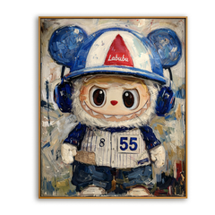 Blue Batter – Labubu Inspired Baseball Character Oil Painting hand-painted wall art