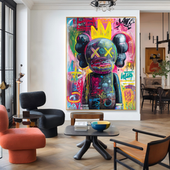 Neon Monarch – KAWS Inspired Crowned Graffiti Oil Painting