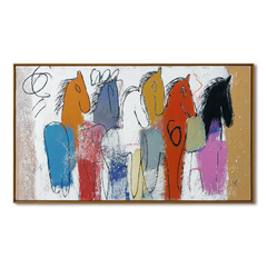 Parade of Colors – Abstract Horse Oil Painting, Naive Art Textured Wall Art