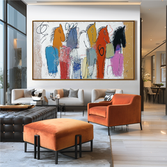 Parade of Colors – Abstract Horse Oil Painting, Naive Art Textured Wall Art