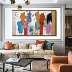 Parade of Colors – Abstract Horse Oil Painting, Naive Art Textured Wall Art
