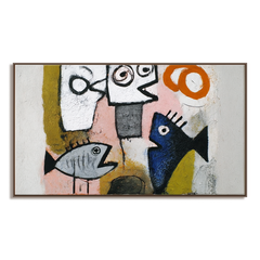 Primitive Voices – Abstract Fish & Faces Oil Painting, Naive Art Textured Wall Art