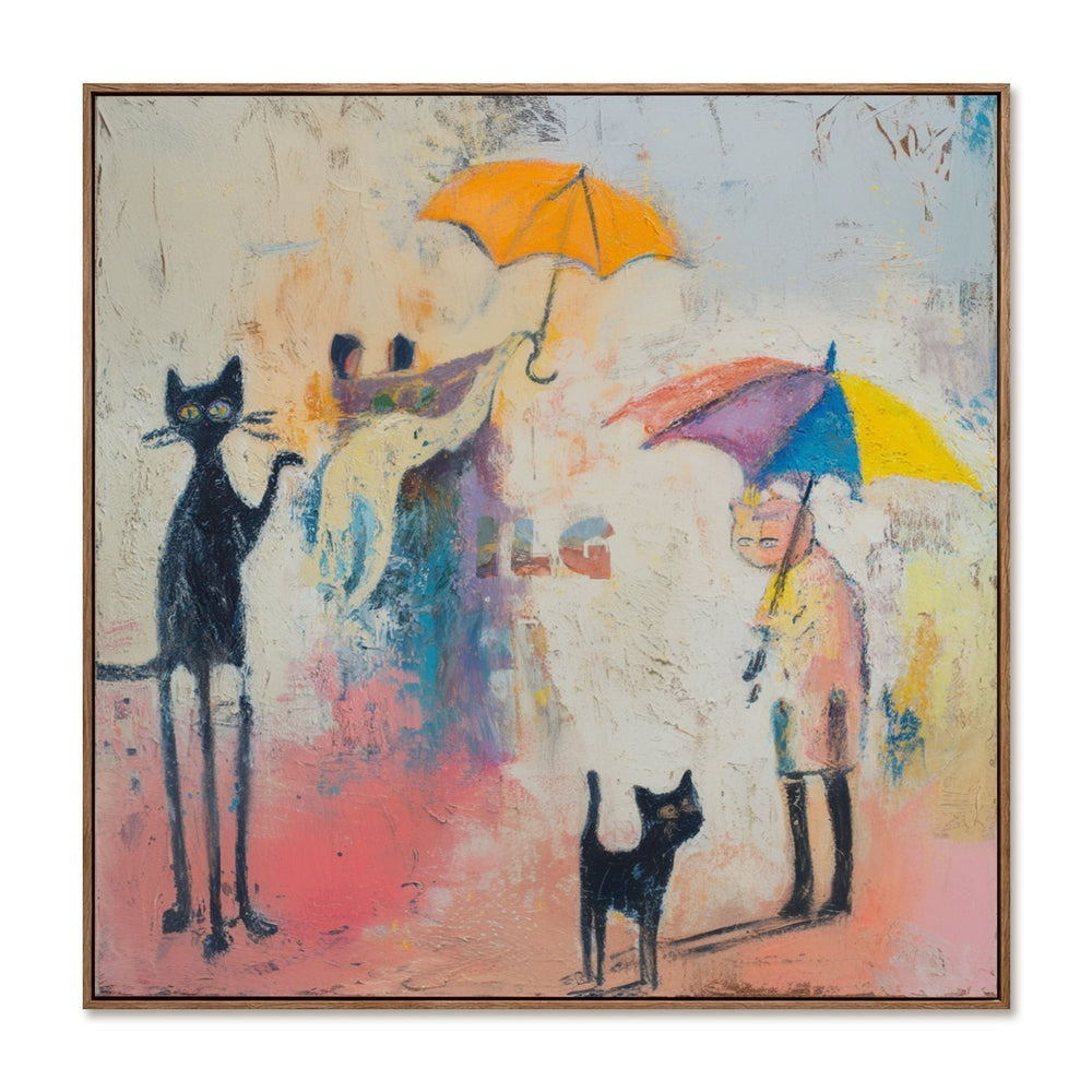 Rainy Day Cat Parade – Whimsical Figurative Wall Art hand-painted wall art