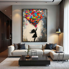 Love Lift – Graffiti Heart Balloon Girl Oil Painting, Street Pop Wall Art