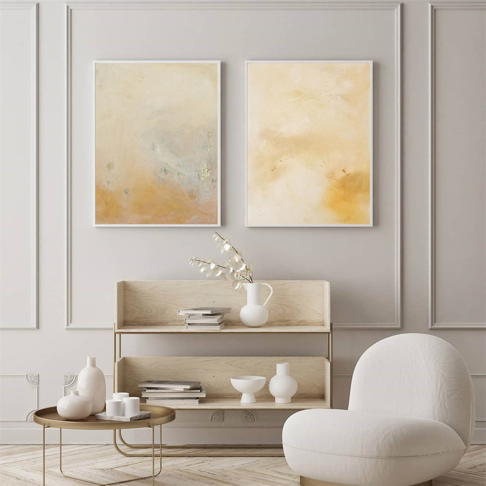 Set of 2 Yellow Minimalist Abstract Oil Paintings Contemporary Canvas Wall Art For Living Room