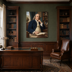 Benjamin Franklin oil portrait in a traditional study